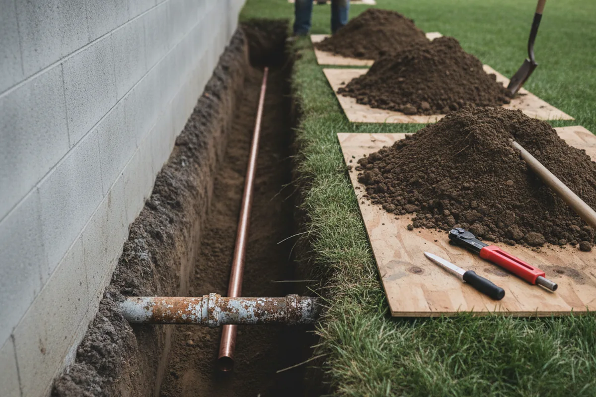 Excavated water line trench during Water Softener Installation in Pickens